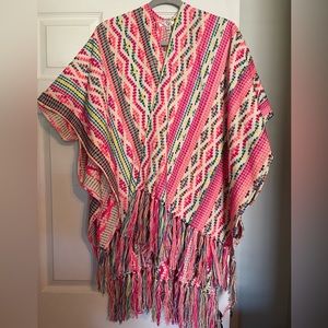 America & Beyond Neon Pink Fringe Cape Large XL Cover Up Kimono